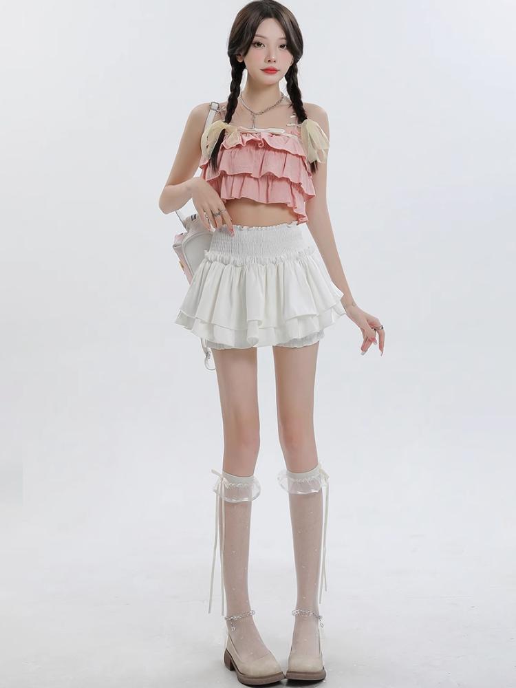 Kawaii мини-юбка, шорты, женские милые сексуальные балетки, белая эластичная высокая талия, лоскутная юбка с рюшами в стиле Лолиты, корейская юбка