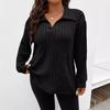 Plus Size Tshirt for Women Turn Down Collar Long Sleeve T-Shirt Female Casual Ribbed Knit Solid Tees Tops