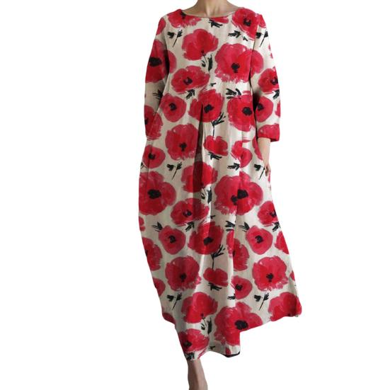 Женское платье трапециевидной формы с цветочным принтом, большим подолом, длинными рукавами, свободный круглый вырез и боковые карманы, плиссированное повседневное платье макси до щиколотки