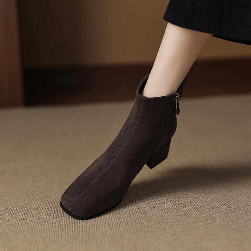 Krazing Pot 2026 Cow Suede Nubuck Winter Square Toe Chunky Heels Chelsea Fashion Boots Women Zip Retro Women Ankle Boots