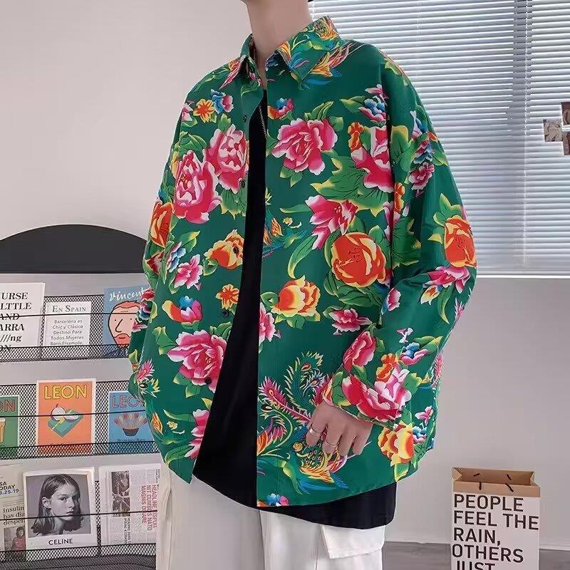 Northeast Big Flower Shirt Spring And Autumn Long-Sleeved Peony Flower Shirt Festive Clothes Funny Trend Retro Ethnic Style Coat