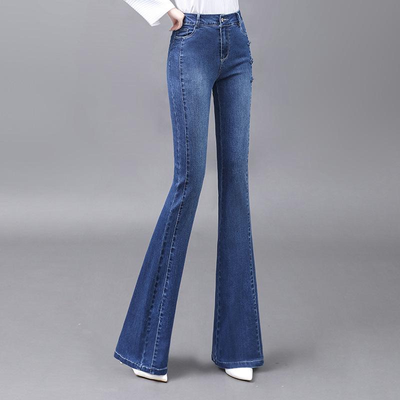 Женские облегающие расклешенные джинсы с высокой талией 2023 года — длина до пола и эластичные