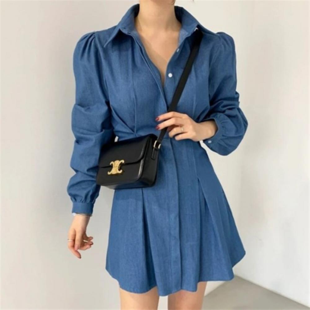 New Arrivals Open Run Women Pin Tuck Shirring Collar Neck Mini Dress