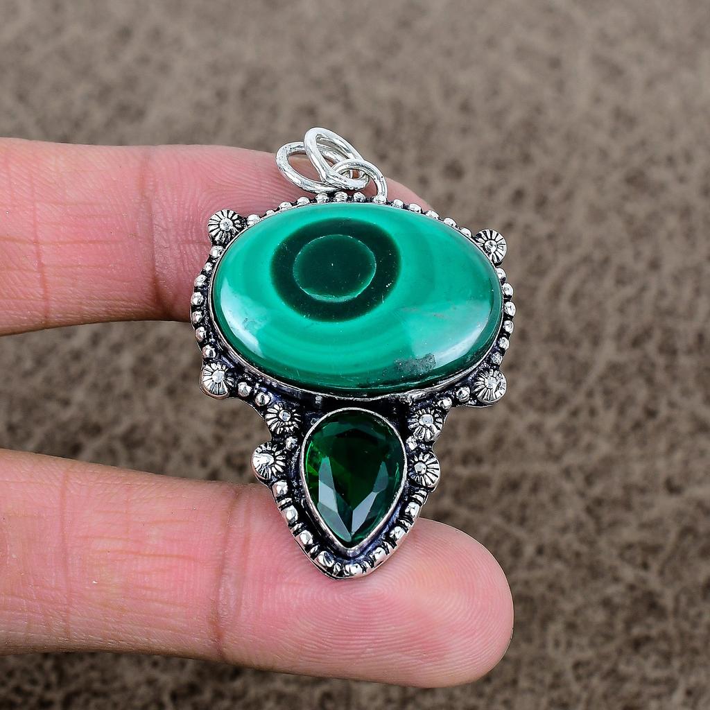 Malachite, Diopside Gemstone 925 Sterling Silver Jewelry Pendant 2.05" KKG-338