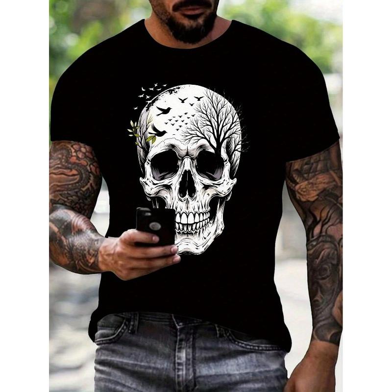 Европейские размеры Мужская футболка с принтом - Черно-белый контрастный принт, Обычный крой, Круглый вырез, Короткий рукав, Повседневная уличная футболка