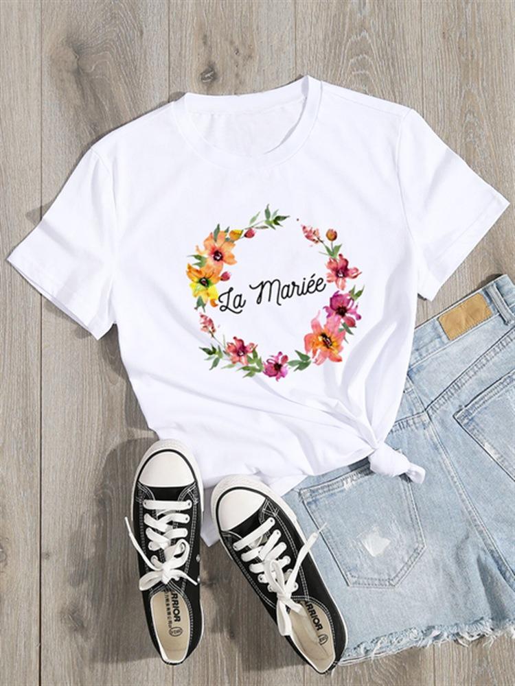 Floral Wreath French Bridal Team Womens TShirt Future Marie Printed Short Sleeve Casual Top Bachelorette Party Gift