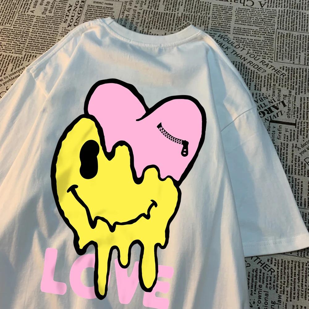 Футболки с надписью «Счастливое лицо и больное сердце», дышащая футболка с круглым вырезом для пары, свободная одежда, летние футболки больших размеров, хлопковая футболка