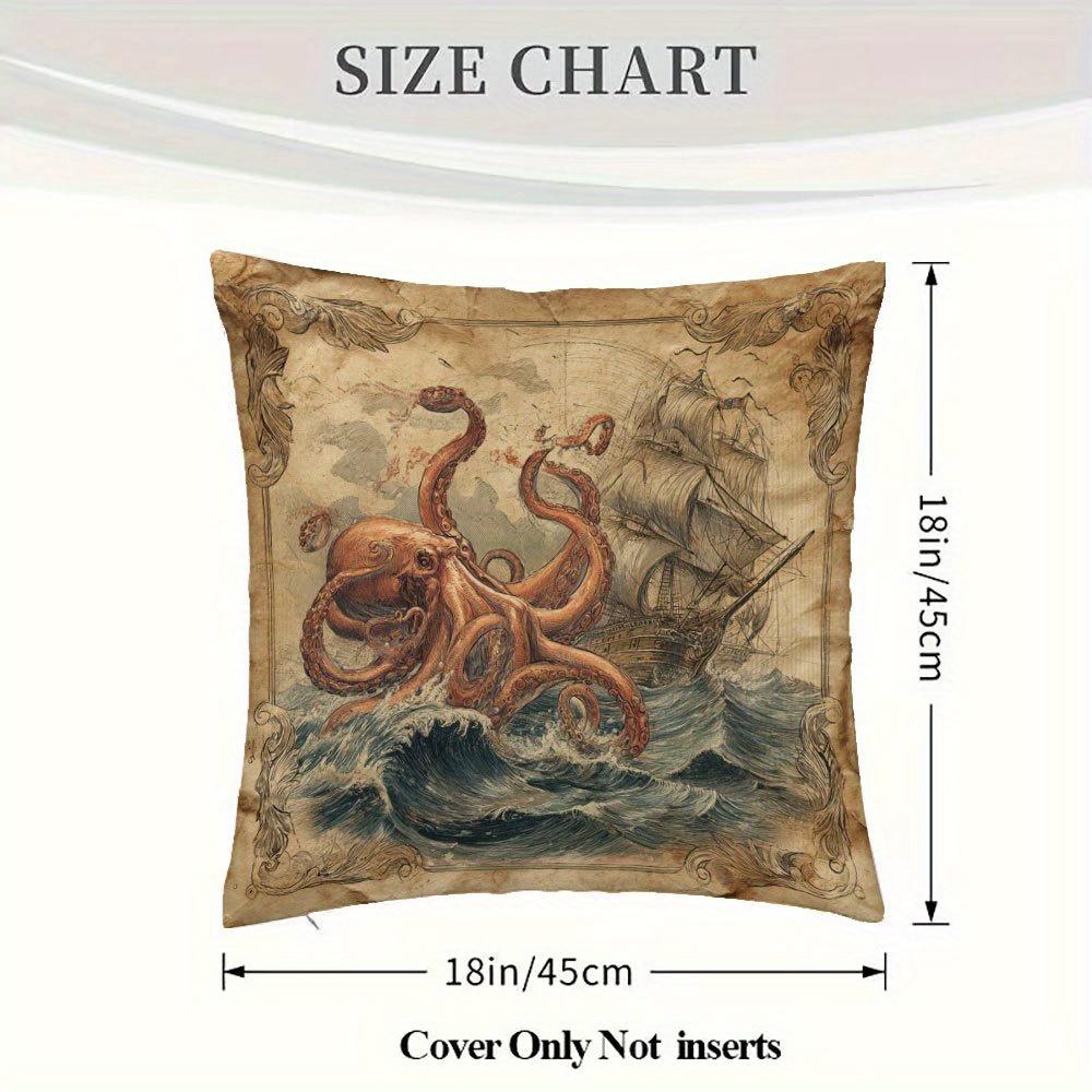 1Pc Octopus Kraken Attack Ship Pillow Cover, 18X18 Inch, Short Plush Decorative Cushion Case, Single-Sided Printing, Vintage Nau