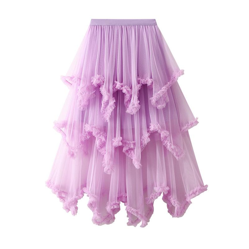 Qooth Women 10 Color Asymmetrical Tulle Ball Gown Skirt Elegant High Waist Fairy Mesh A-line Skirt For Spring Summer QT2126