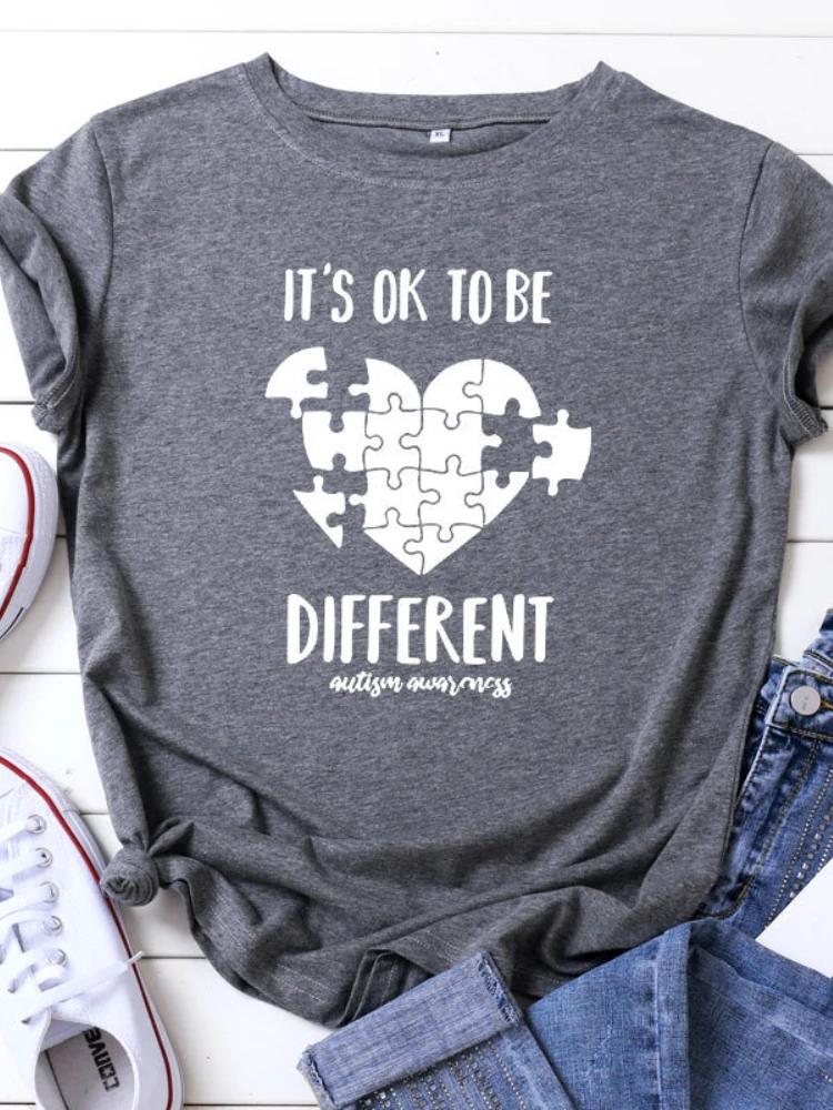 Футболка Be Different Jigsaw Heart Print Женская футболка с коротким рукавом и круглым вырезом Свободная женская футболка Женская футболка Топы Camisetas Mujer