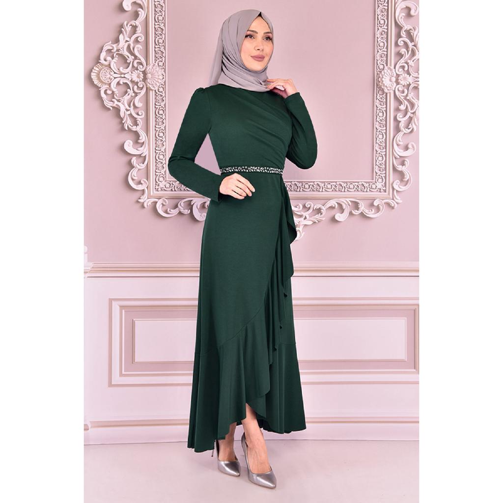 Women's Clothing Evening Dress Fashion Skirt Flounced Belt Stoned Hijab Evening Dress 2497 Black