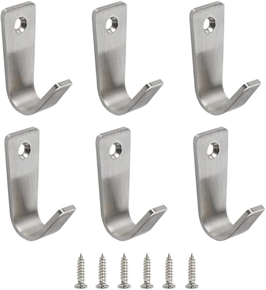 Stainless steel J-type wall hanging single hole hook 6 packs silver hanging coat and hat bag towel with screws