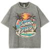 Coconut Tree Landscape Print Washed Denim Women's T-Shirt Pink Loose Extra Large Sleeve Casual Trend Street Top