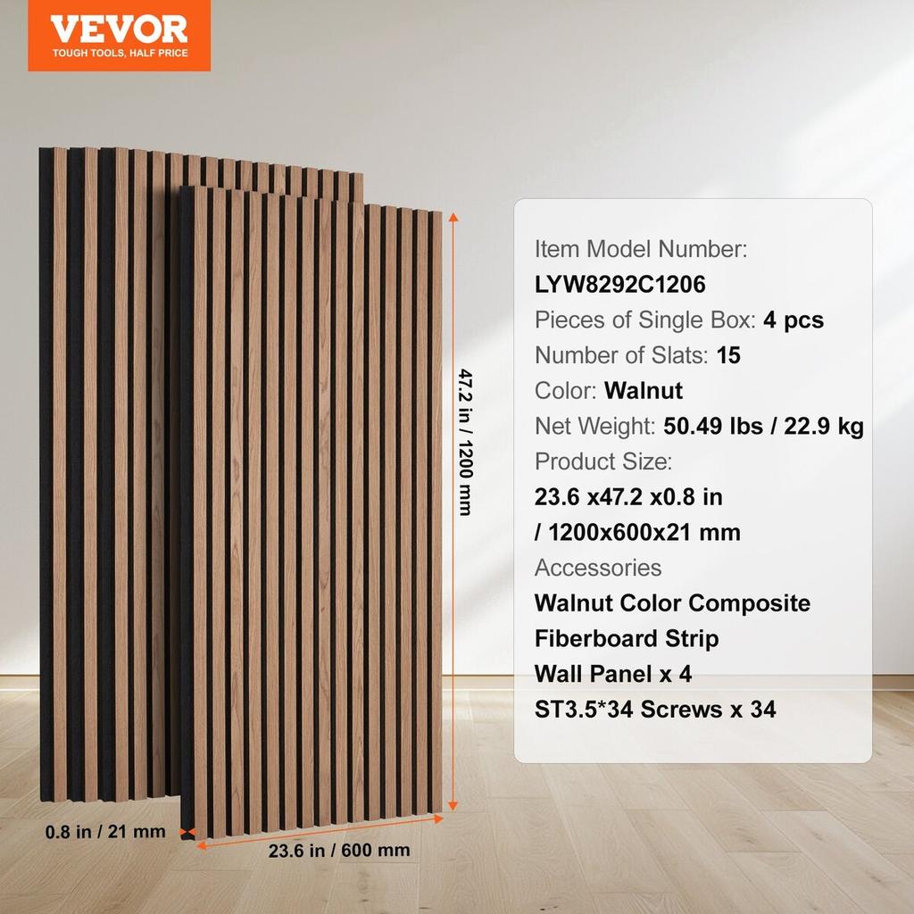 Wood Slat Acoustic Panels 23.6 x 47.2 inch for Modern Wall Decor Walnut