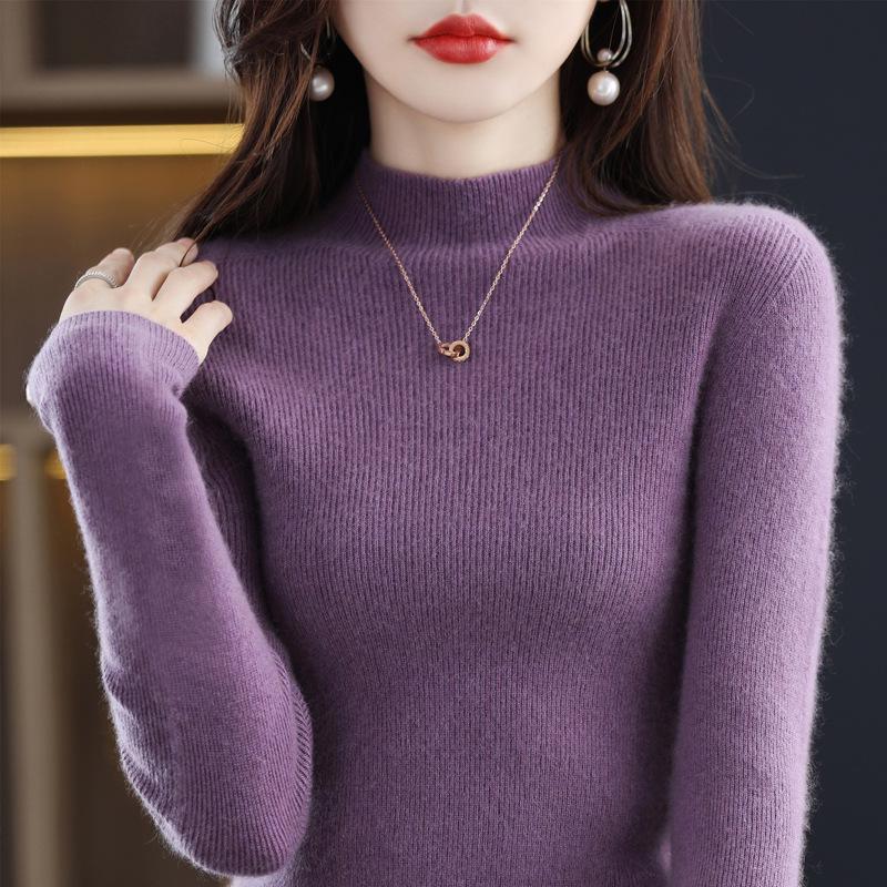 Women's Slim-Fit Korean Style 100% Wool Sweater, Half-High Neck Knit Base Layer for Autumn/Winter