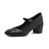 Genuine Leather Spring Size 42 41 Thick High Heels Women Square Toe Buckle Straps Concise Style Pumps