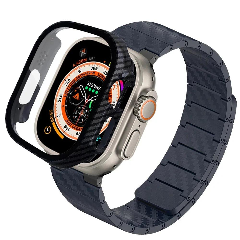 Ремешок из углеродного волокна + Чехол из поликарбоната для Apple Watch Band Ultra 2 49 мм 45 мм 41 мм 44 мм 40 42 мм Магнитный браслет iWatch 9 8 7 6 5 4 3 SE