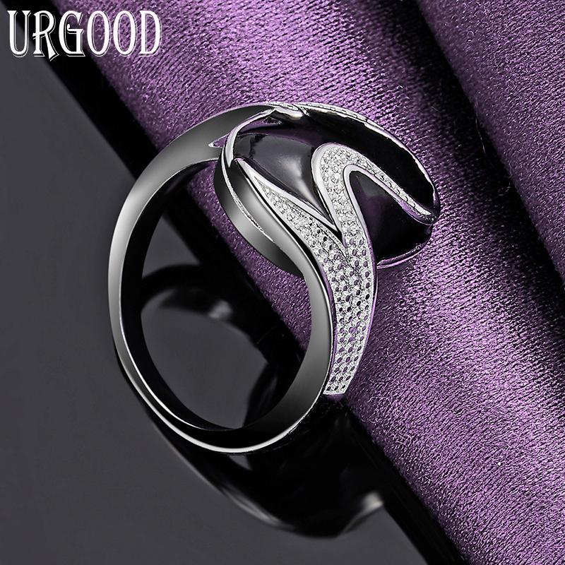 925 Sterling Silver AAA Zircon Epoxy Resin Black Ring Jewelry