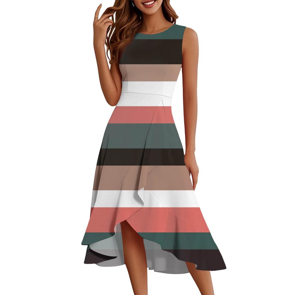 Женские модные повседневные платья без рукавов с круглым вырезом и принтом, элегантные, темпераментные, с оборками