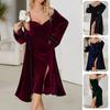 V Neck Velvet Long Sleeve Sexy Split Back Silk Nightgown with Simple Robe Set