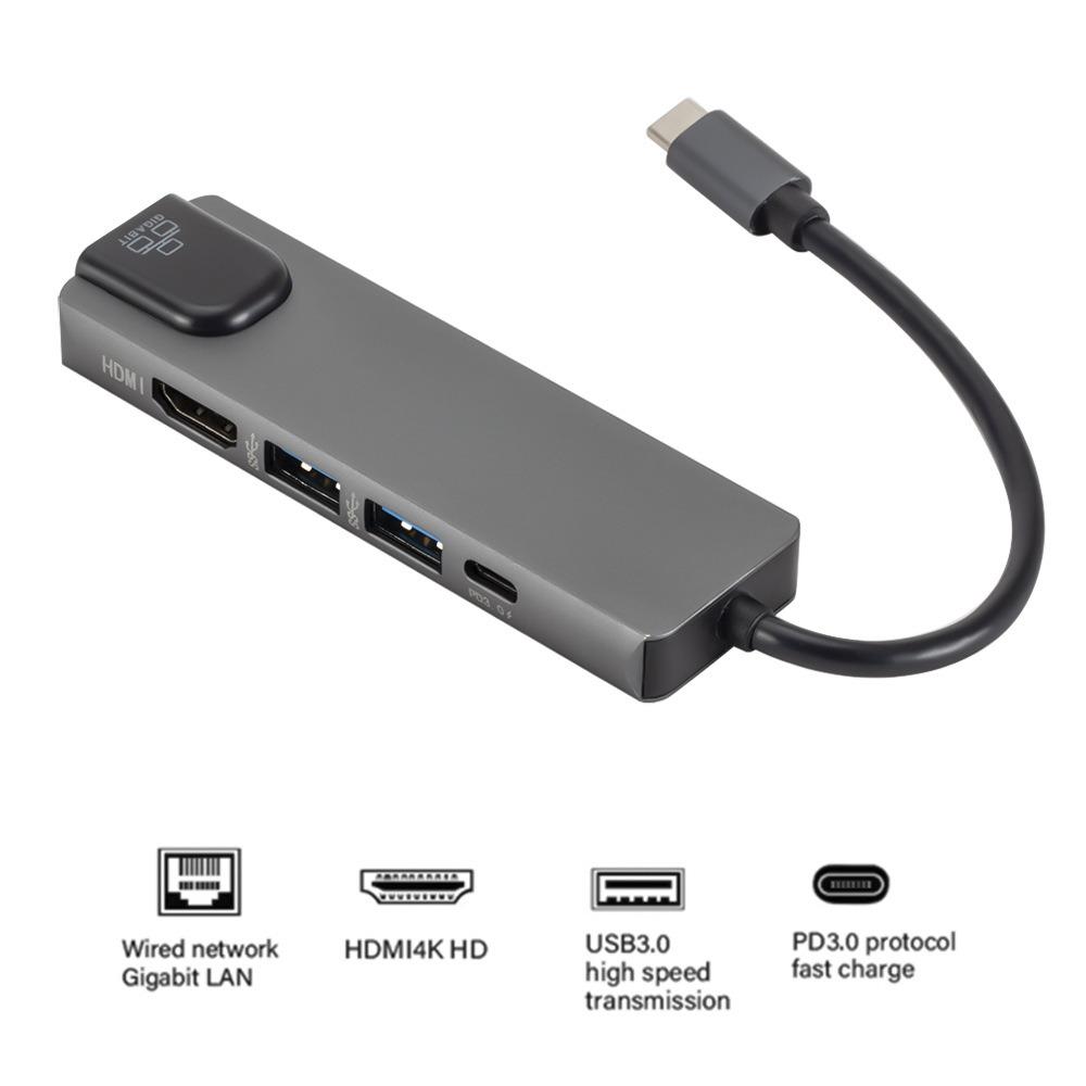 Концентратор USB C 5 в 1 с Gigabit Ethernet 4K HD для ноутбука телефона Steam Deck Адаптер-док Type C