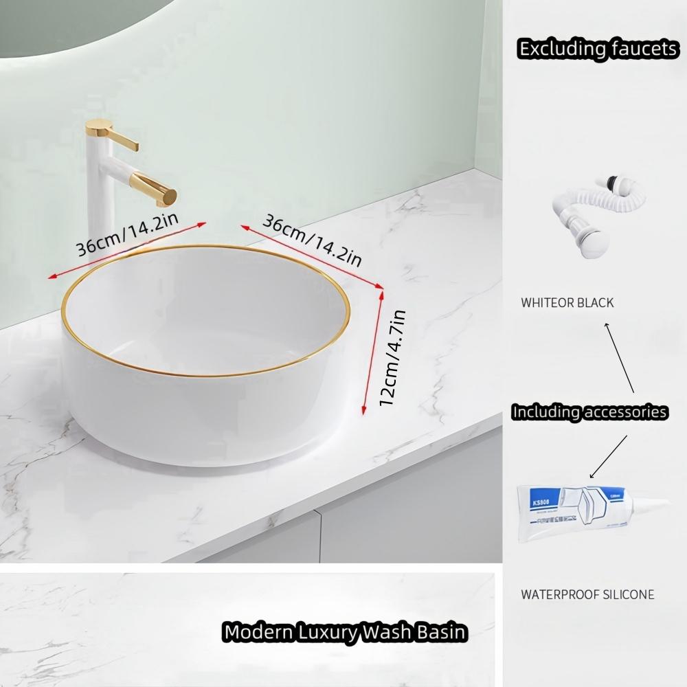 Современная круглая керамическая раковина для ванной с мраморным узором, отдельно стоящая раковина, роскошная раковина с золотой кромкой(исключая смеситель)