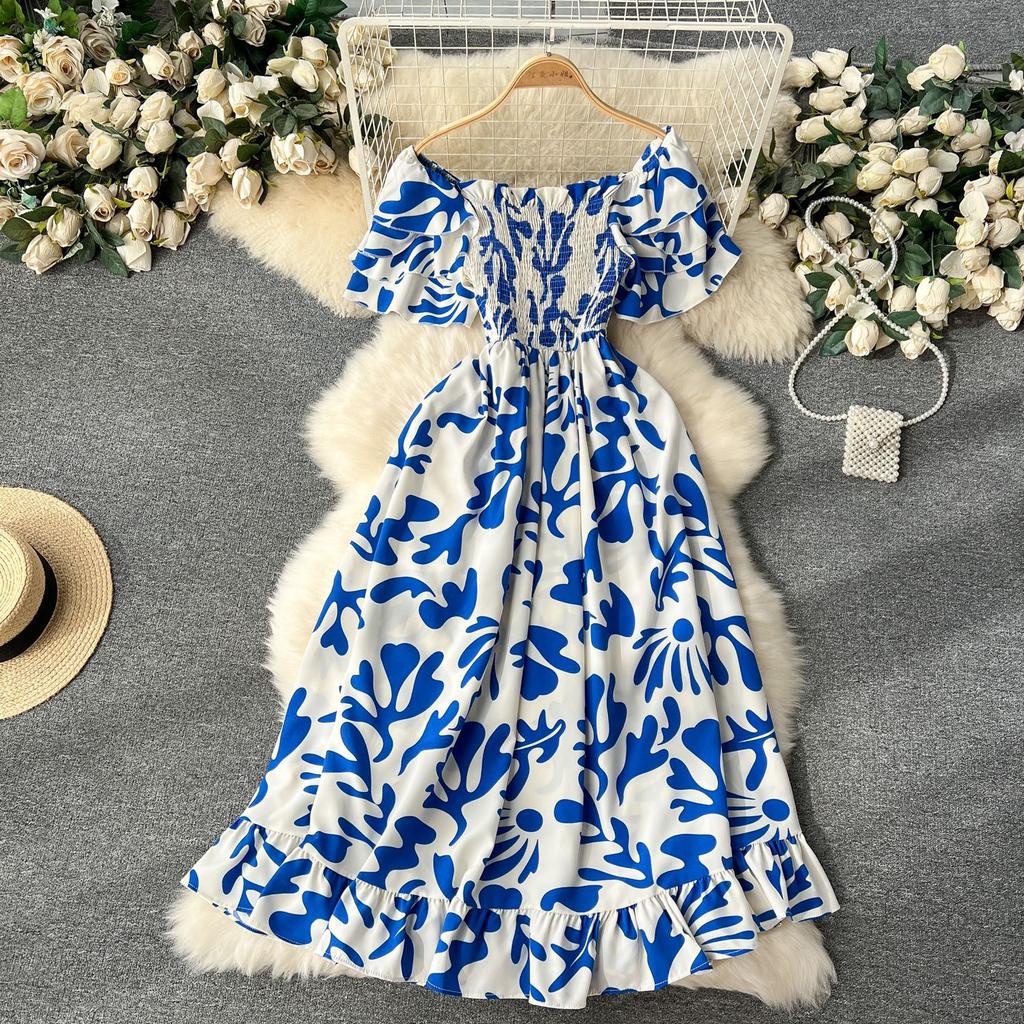 Женские летние каникулы с одним вырезом без бретелек с коротким рукавом и длинными цветочными платьями на талии