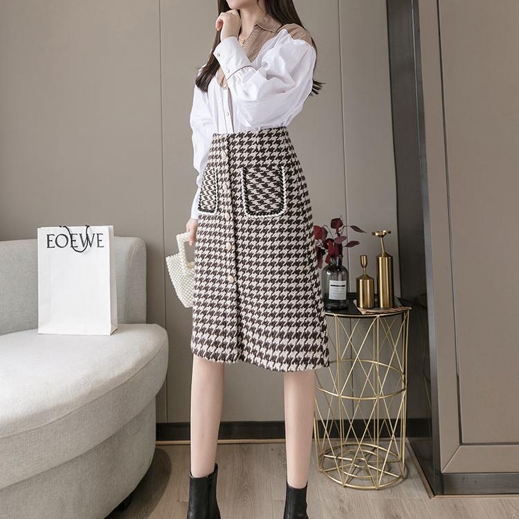 Женская клетчатая роскошная гусиная лапка с жемчугом и пуговицами с разрезом и высокой талией, шерстяная теплая юбка трапециевидной формы, зима-осень-весна, модная сексуальная юбка