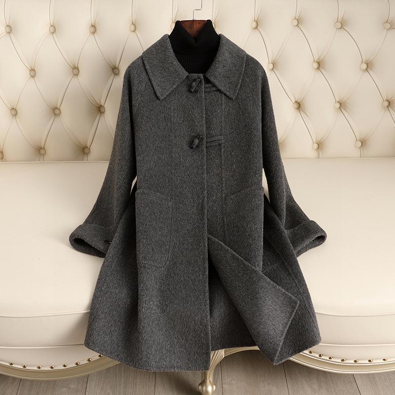 Women's Mid-Length Double-Faced Cashmere Coat, 2024 Autumn/Winter, New Korean Style, Loose Fit with High-End Horn Buttons.