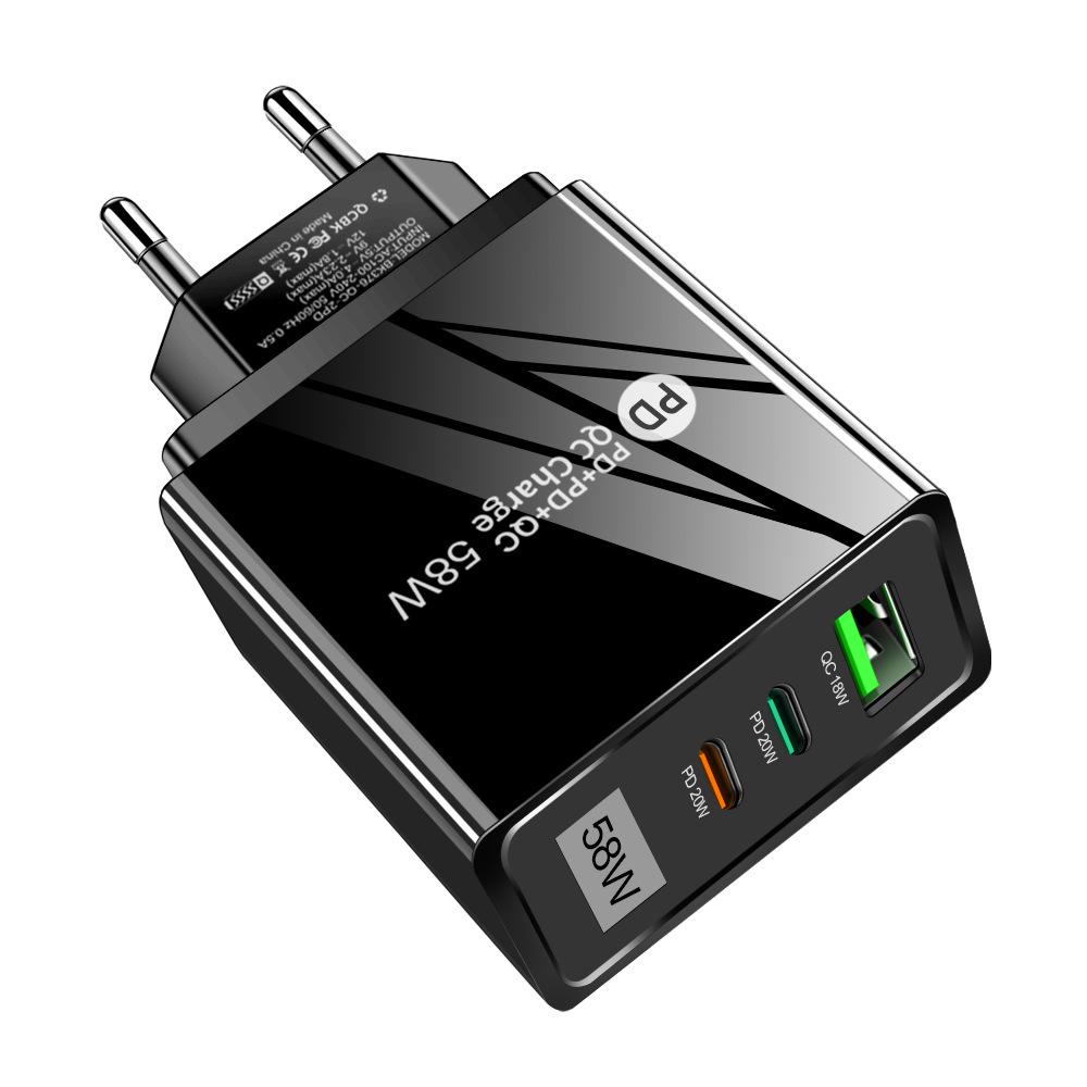 58 Вт Быстрая зарядка USB + Двойной PD Дорожное зарядное устройство с вилкой EU/US/UK/KR/AU, Совместимо с Type-C