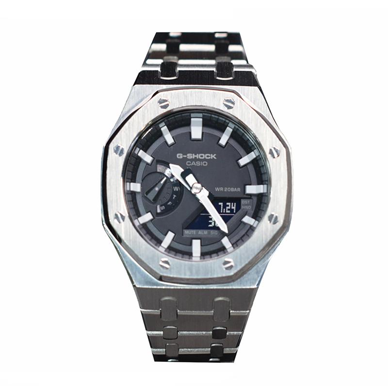 CASIO Customized watch modified series Farmer Oak Silver Stainless Steel Case White Scale Waterproof 200 GA-2100-1A(Watch3-GaiZhuang-YinGangRen)