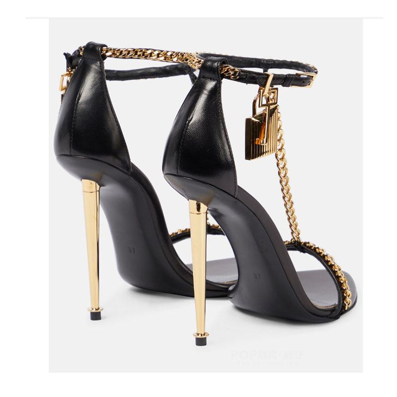 Мода Мода Минималистичная Золотая Цепь Навесной Замок Босоножки на Высоком Каблуке Европейский Американский Сексуальный Тонкий Каблук Открытый Носок Металлическая Цепь Заостренный Носок Высокие Каблуки