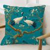 Oriental Red-Crowned Crane Pillow Cover Teal Pine Blossom Print Soft Linen Feel For Sofa Bed Living Room Asian Home Decor Gifts