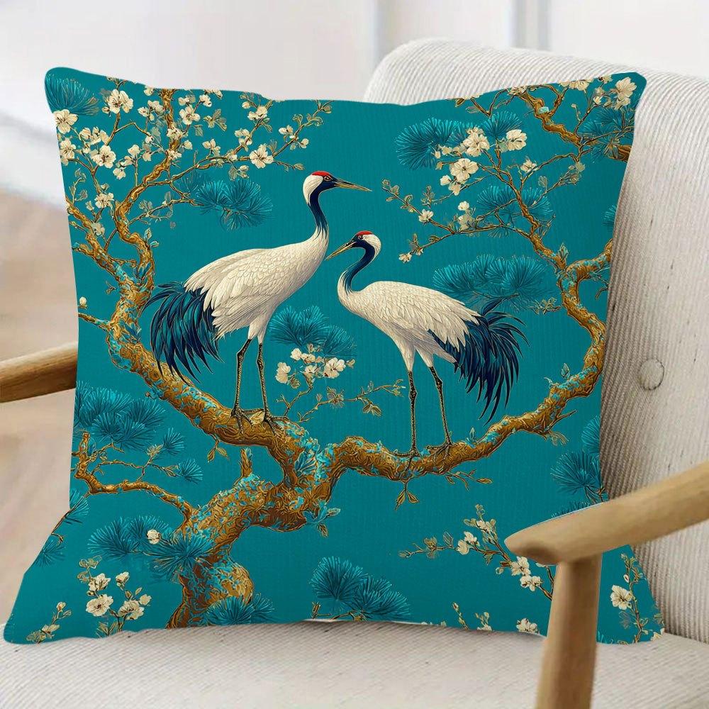 Oriental Red-Crowned Crane Pillow Cover Teal Pine Blossom Print Soft Linen Feel For Sofa Bed Living Room Asian Home Decor Gifts
