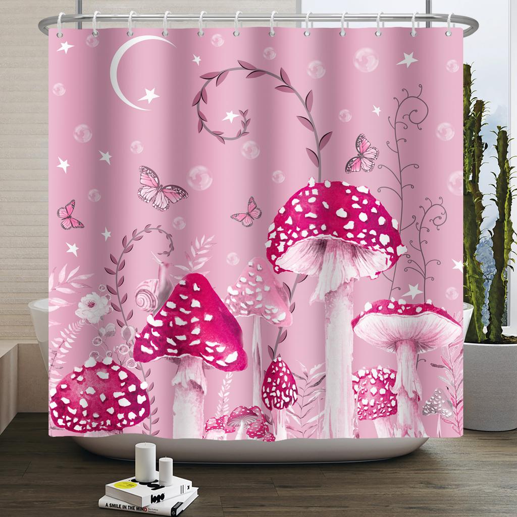 Гриб Занавеска для душа Цветок Зеленый лист Растение Лес Бабочка Ботанический Цветочный Белка Эстетика Водонепроницаемая Занавеска для ванной