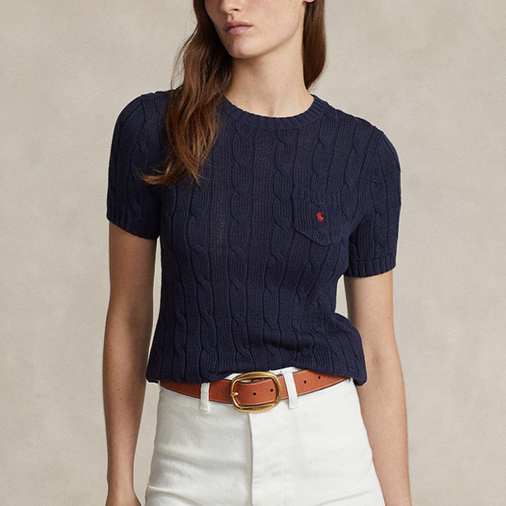 Polo Ralph Lauren SS24 однотонный вышитый логотип с косами, облегающий свитер с коротким рукавом, женский свитер Hunter-Navy WMPOSWENC020882-400