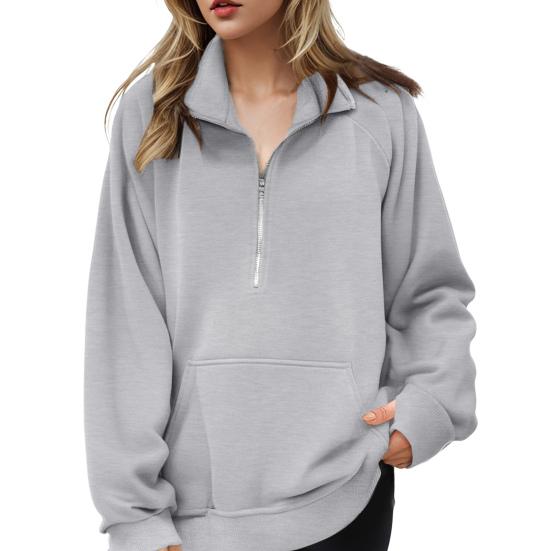 Women Fall Winter Sweatshirt Lapel Zipper Half Placket Long Sleeve Front Pocket Pullover Tops Solid Color Loose Fit Sport Sweatshirt