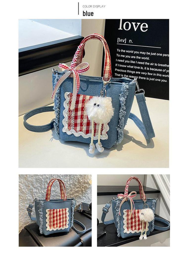 Korean Style Plaid Lace Bucket Handbag - Cute Bow Crossbody