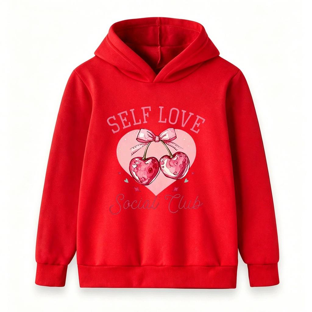 Kids Boys Girls Self Love Social Club Cherry Heart Print Pullover Hoodie Casual Long Sleeve Sweatshirt For Children
