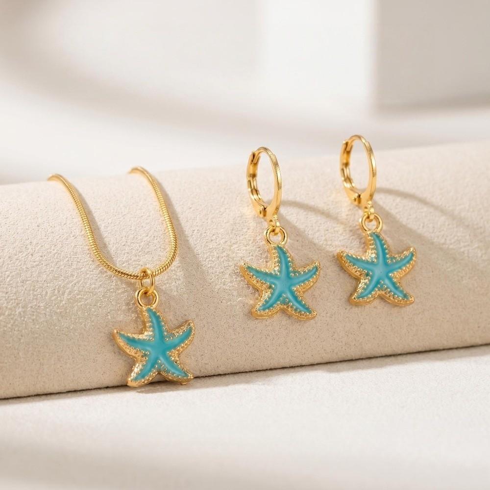 Bohemian Ocean Theme Jewelry Set Adjustable Starfish Necklace Shell Earrings  Casual Occasion