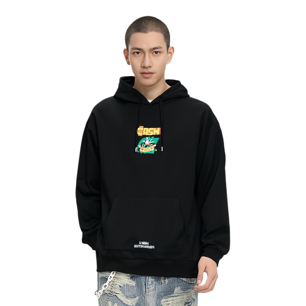 Li Ning X Pablo Ientile Collaboration Cartoon Print Embroidered Pullover Hoodie Men Hoodies Black AWDT161-3