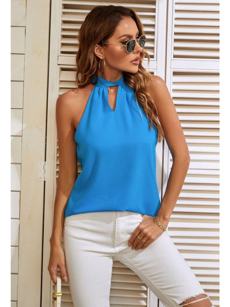 Women's 2025 Summer Halter Neck Tie-Back Chiffon Sleeveless Blouse, Sheer Casual Tank Top for Beach Parties & Daily Boho Outfits