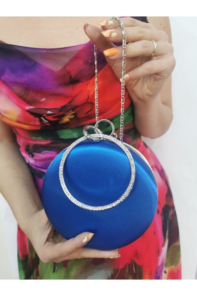 Women's Stylish and Useful Evening Dress Bag Women's Satin Saks Blue Round Evening Dress Clutch Portfolio Bag