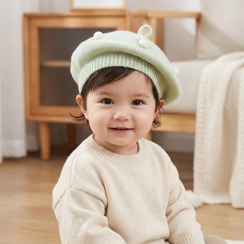 Solid Color Pom Pom Beanie Soft Painter Cap Cozy Kids Knitted Beret Hat Unisex