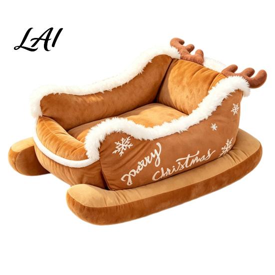 Scratch Resistant Dog Sofa Christmas Sleigh Bed with Non Slip Base Plush Calming Pet Holiday House for Indoor Outdoor Fun Cats Puppies Easy