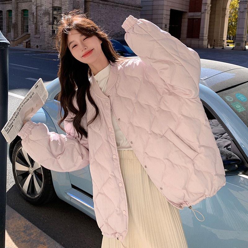 Casual Diamond Patterned Cotton Coat for Women with Lazy Style - Solid Color Winter Jacket