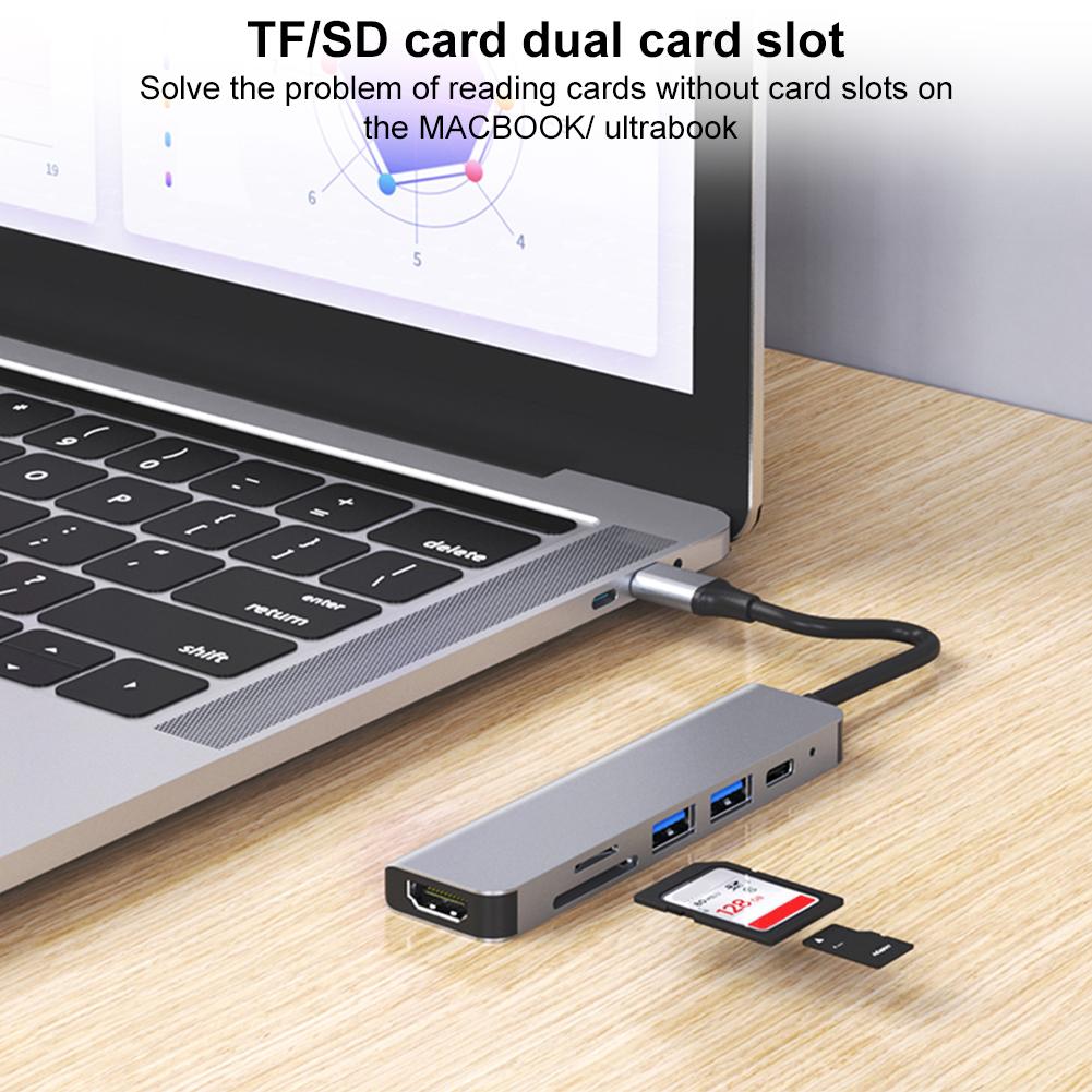 6-в-1 USB-C концентратор, 100 Вт PD, 4K HDMI-совместимый, USB-разветвитель, кардридер SD/TF, Type-C хаб для USB-C ноутбуков и других устройств Type-C