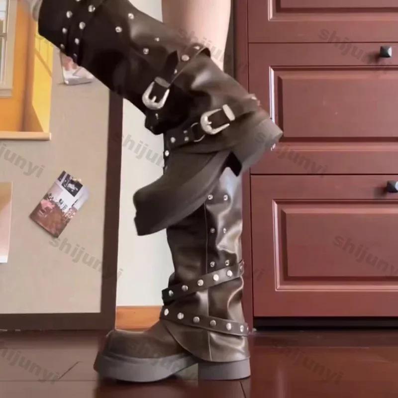 Women Platform Ankle High Pants Boots Winter Leather New Trend Fashion Designer Rivet Buckle Thick Soled Chelsea Botas Mujer