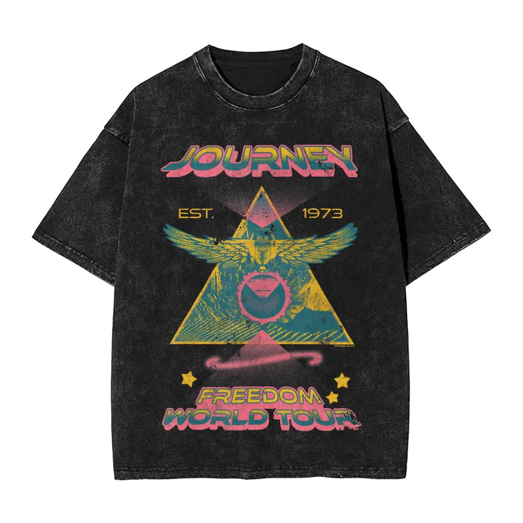 Journey Triangle World Tour Colorful Band Men's T Shirt Washed Fashion Tee Shirt Short Sleeve Crewneck T-Shirt 100% Cotton Tops