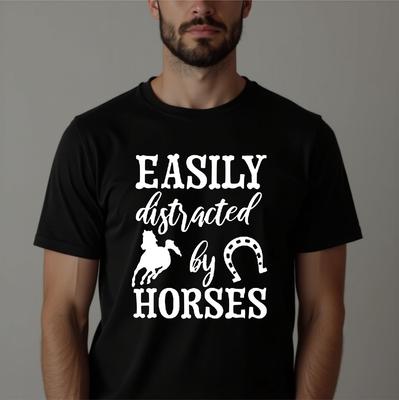 Easily Distracted By Horses T-Shirt Horse Riding Lovers Farm Owners Top Black S-4XL